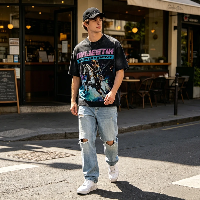 Herren Grafik-T-Shirts mit Weltraum-Astronauten-Motiv, Streetwear im Vintage-Look, Oversize-Baumwollkleidung, Sommer-Kurzarm-Oberteil – Detail 4