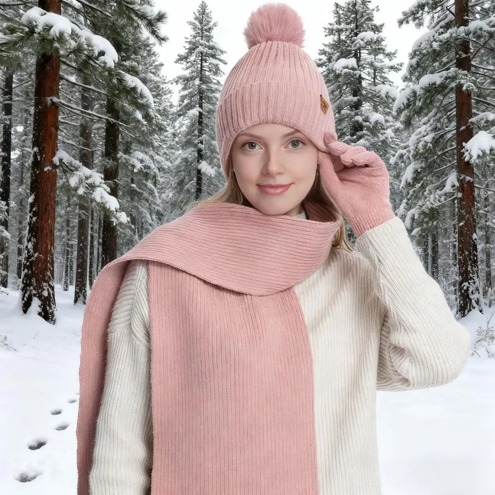 الحرارية صوف مبطن قبعة الشتاء وشاح محبوك قفازات مجموعة مع بوم بوم الكرة طبقة مزدوجة قبعة لمس قفازات المرأة 3 قطعة #1