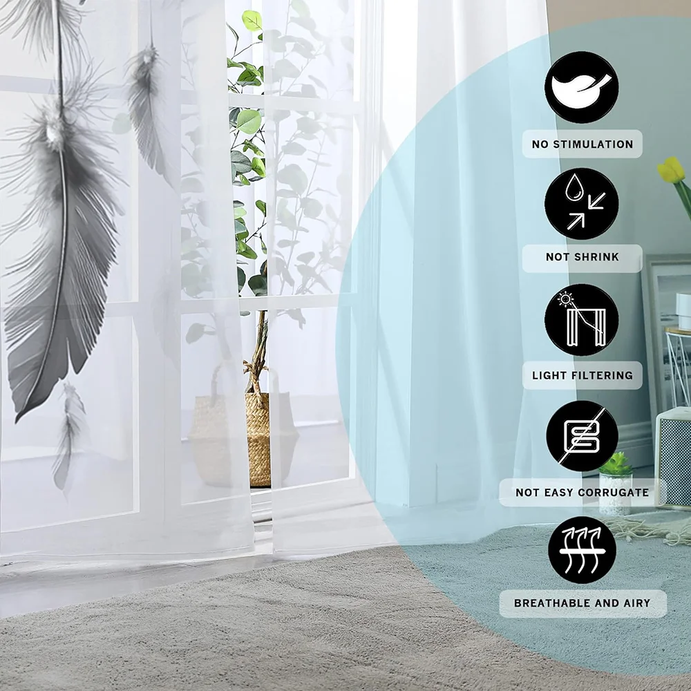 2PCS Digital Print Sheer Curtain, Feather Butterflies Lightly Dancing Pattern, Ethereal Elegant Fairy Tale Dreamy Style Decor - view 4