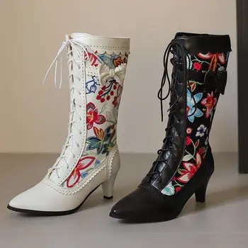 女士復古花卉圖案繫帶中跟維多利亞風長靴,甜美蝴蝶結設計,可愛角色扮演中筒靴,加大碼 34-4 8 最佳銷售 花卉靴 - №7
