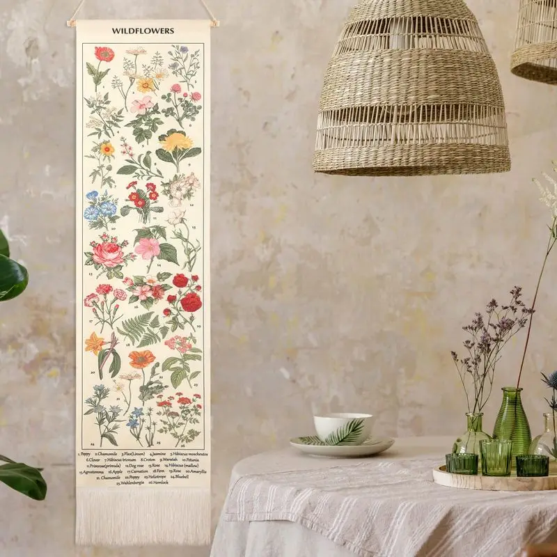 Vintage Botanical Scroll Tapestry Wildflower Floral Chart Tassel Wall Hanging Boho Aesthetic Bedroom Dorm Home Wall Decor