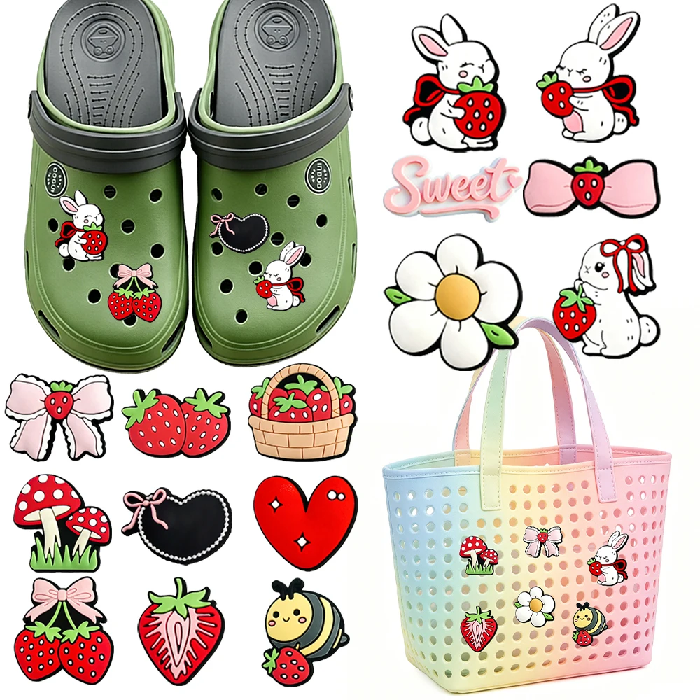 New 1-100pcs Cute Strawberry Rabbit Cartoon PVC Shoe Charms Accessories DIY Detachable Waterproof Party Shoes Accessories Gifts