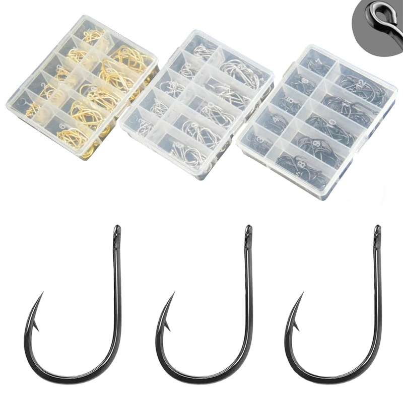 100pcs/box 3#-12# 10 grid box Carp Fishing Hook Offset Circle Hook Single Fly Fishing Jig Hook Barbed sea Fishhook Tackle