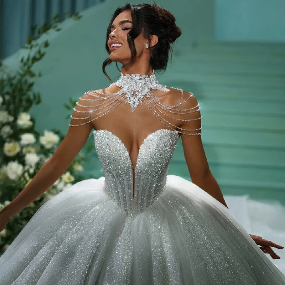 カスタムグリッタープリンセスウェディングドレス2025ビーズボールガウンブライダルドレススイートハートビーズカタドラルドレス