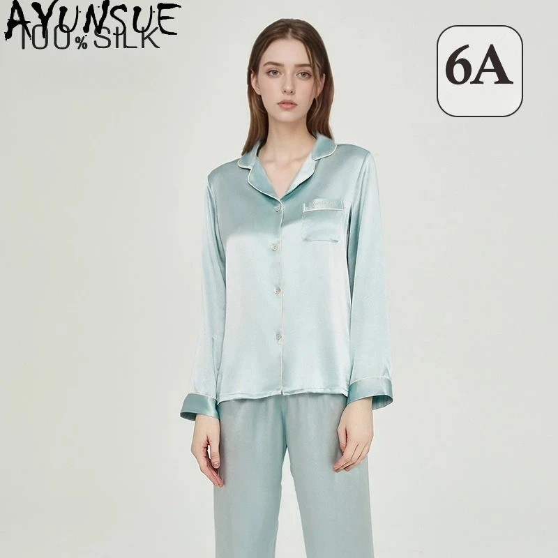

AYUNSUE 100% шелковая пижама из тутового шелкопряда 16 мм, женский комплект для весны и лета, две части