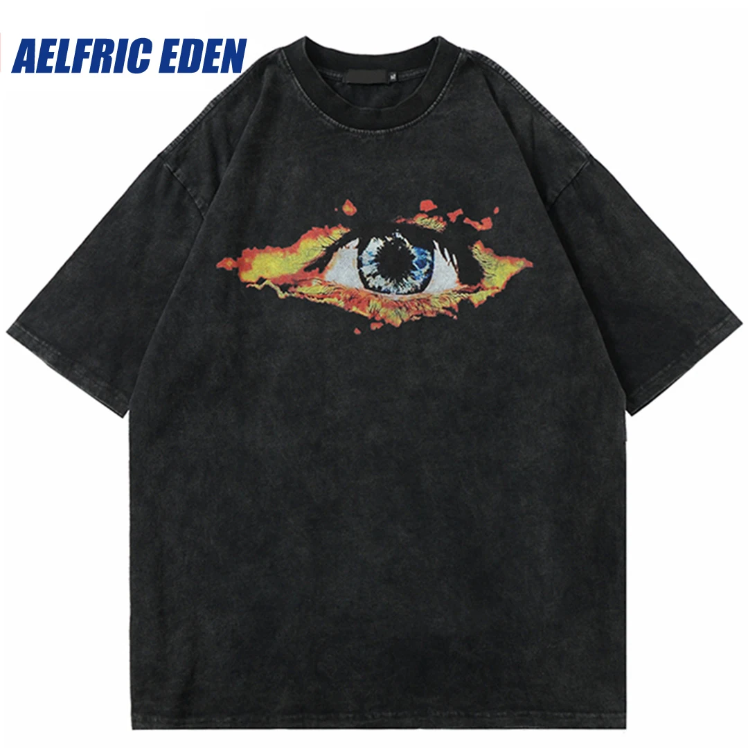 

2023 Hip Hop Streetwear Washed Tshirt Men Eye Print T Shirt Harajuku Cotton Casual T-Shirt Summer Short Sleeve Tops Tees Black