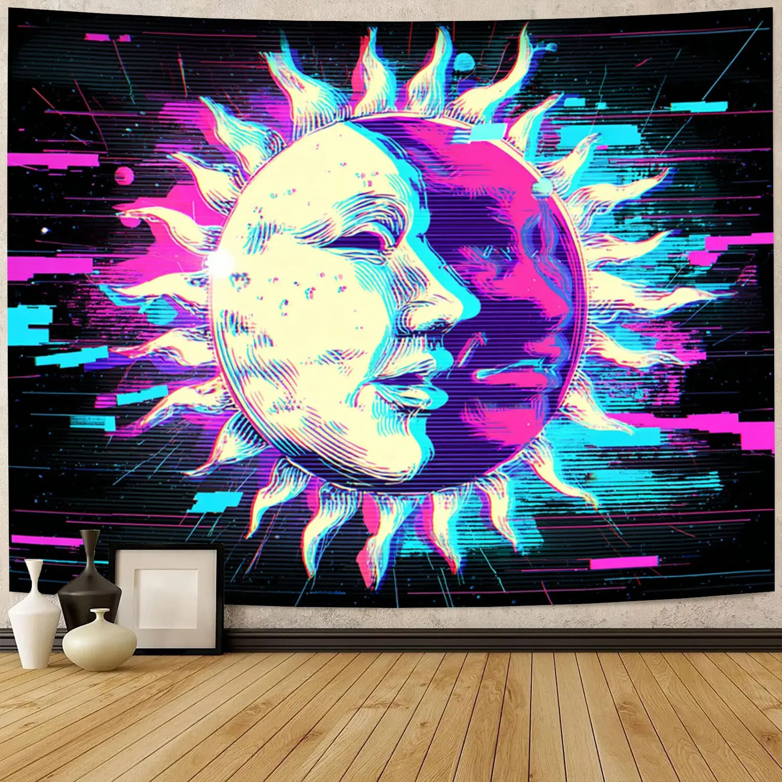 Cosmic Psychedelic Sun Moon Tapestry Wall Hanging Retro Synthwave Boho Mural Living Room Decor Fabric Art 180x280cm Abstract Day