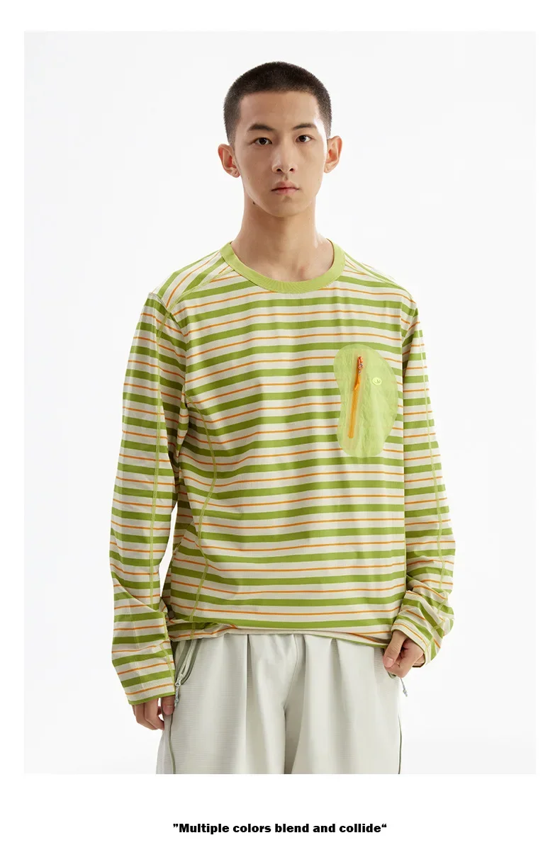 Unisex Gestreiftes Langarm-T-Shirt – UPF50+ Sonnenschutz & Schnelltrocknend mit Kontrastfarbener Reißverschlusstasche für Outdoor- & Freizeitkleidung – Detail 11