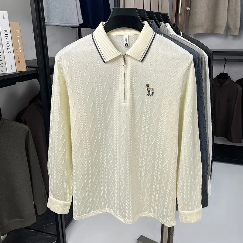 Hochwertiges Herren-Poloshirt mit Stickerei-Print, einfarbig, Jacquard, langärmelig, halber Reißverschluss, Kragen-T-Shirt, lässige Mode für Herren. – Detail 6