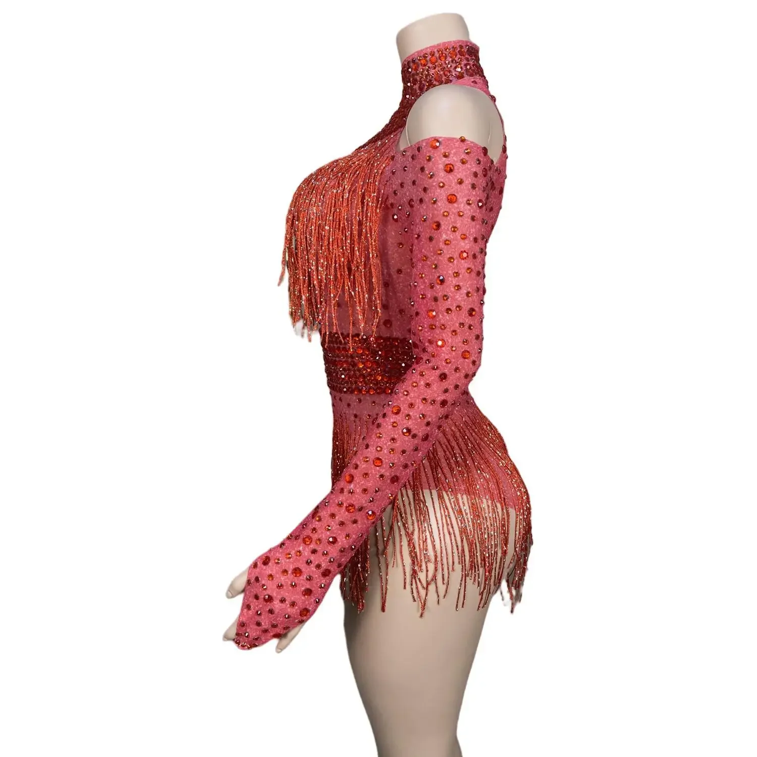 Sexy Red Spandex Bodysuit Rhinestone Long Sleeve Jumpsuits Tassel Performance Costumes Party Evening Bodycon Romper Hongdenglong