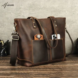 Retro Crazy Horse Leather Men Women Handbags Laptop Bag Shoulder Tote Bag Portable Travel Messenger Bags