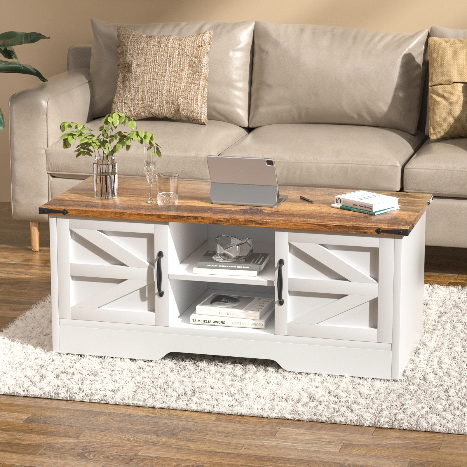 Coffee Table With Barn Doors, Farmhouse Center Table With Storage, Modern Rustic Style Wooden Living Room Table, White