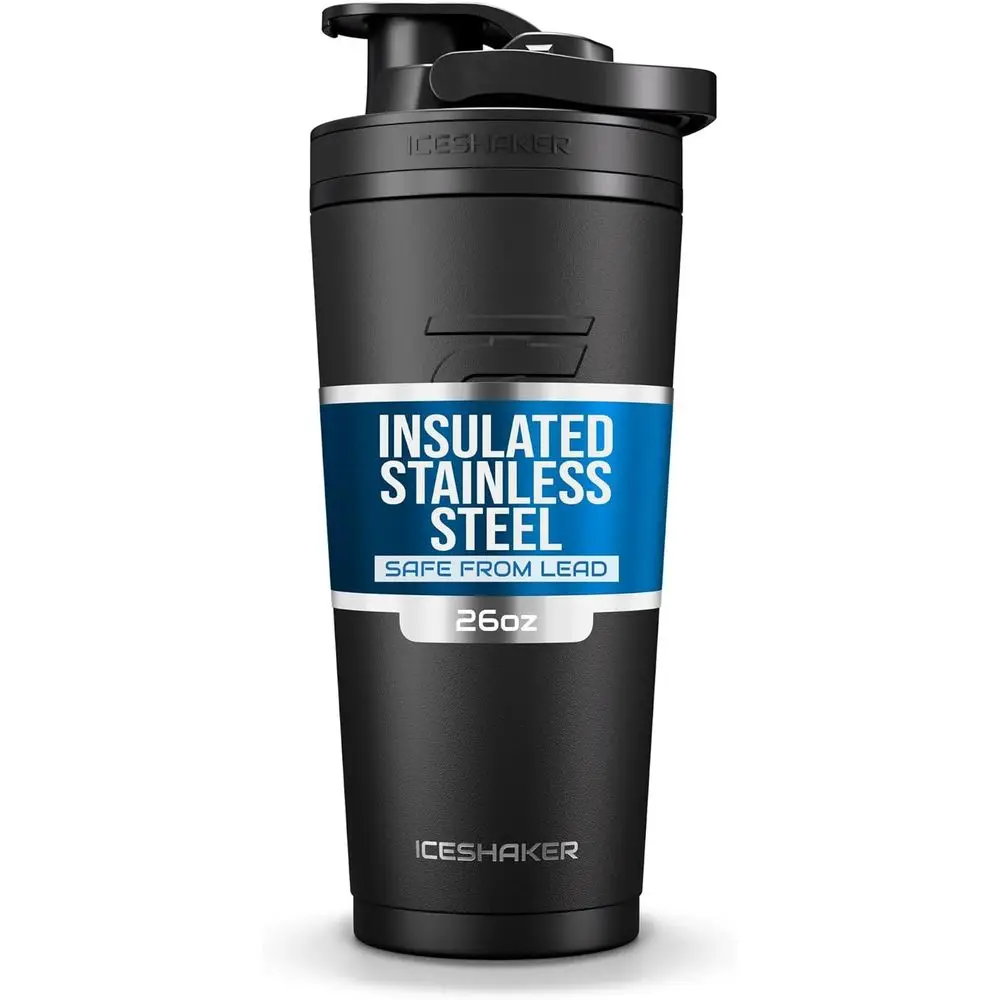 

Insulated Stainless Steel Shaker Bottle | 26oz, Black | Cold or 30+ Hours | Insulated Cup with Built-in Agitator | Odor-free Bot