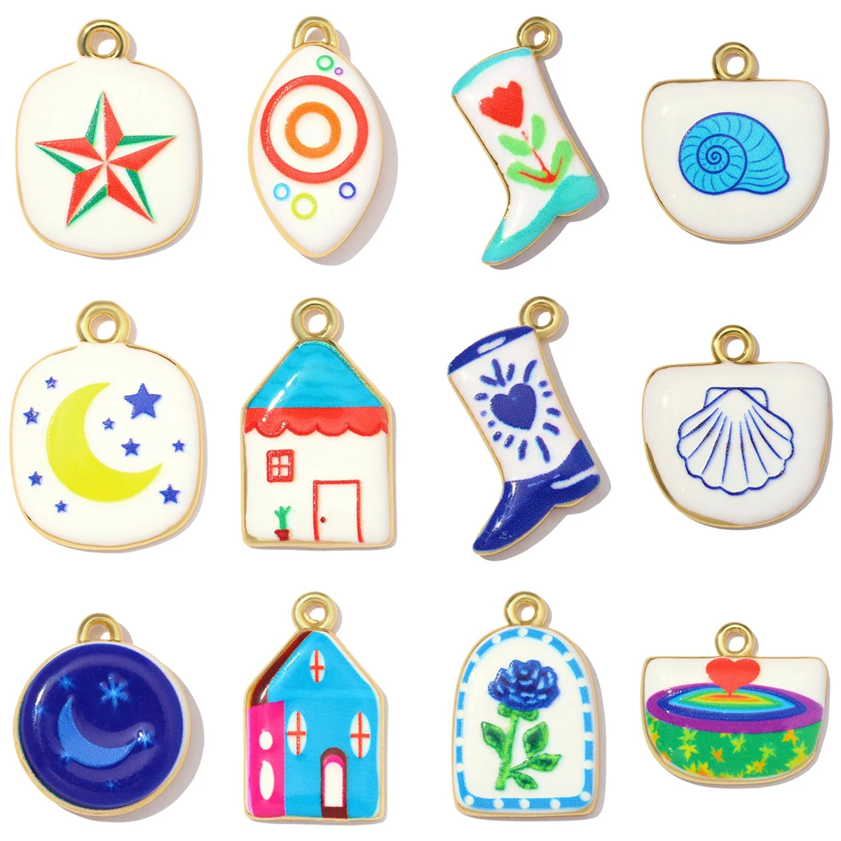 3Pcs/Lot Copper Boot House Pendants Enamel Moon Star Charms For DIY Fashion Jewelry Making Necklace Earring Wholesale