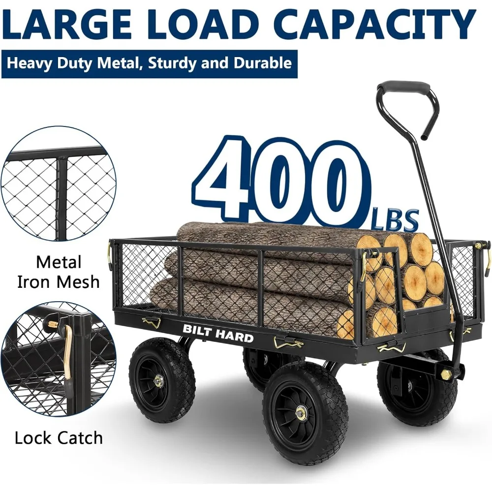 عربة حديقة شديدة التحمل مع 180 °   مقبض دوار، 4 أقدام مكعبة، سعة 400 رطل، إطارات مسطحة خالية، جوانب قابلة للإزالة