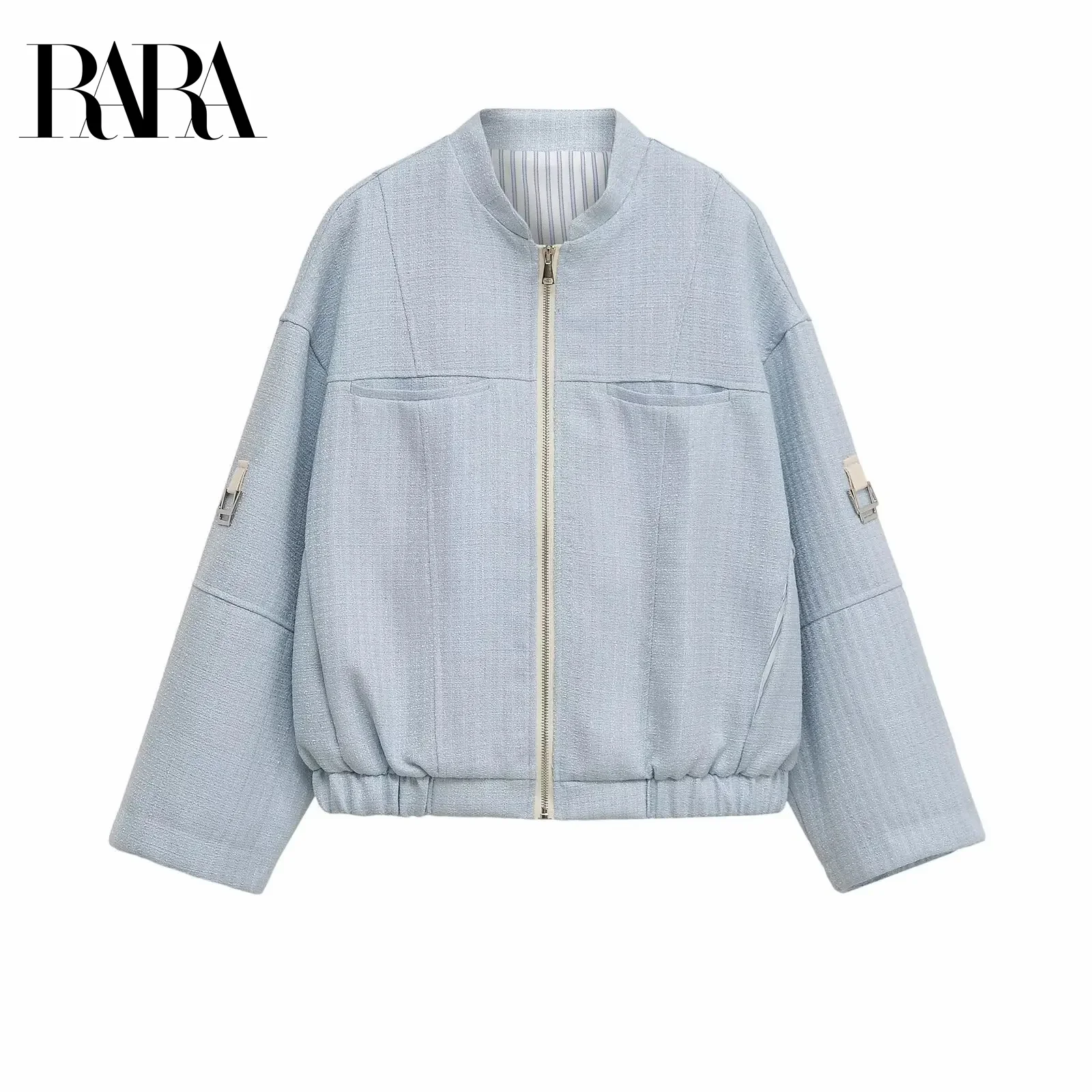 

RARA2025 Новая летняя женская повседневная простая универсальная куртка с карманами и длинными рукавами, воротником-стойкой и молнией