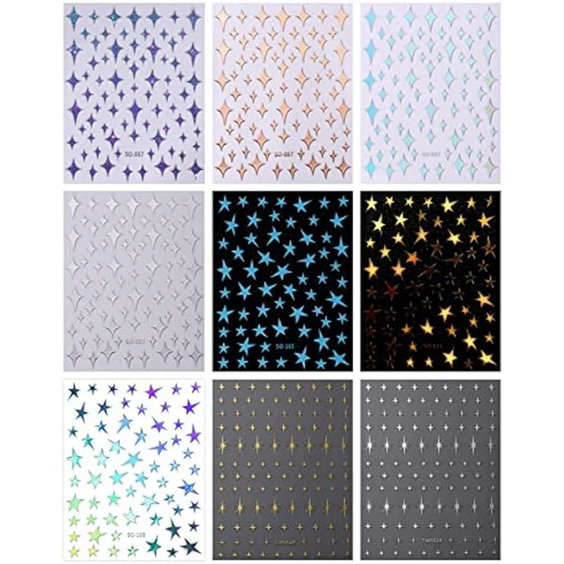 9Pcs Colorful Stars Nail Art Stickers Decals Self-Adhesive Silver Nail Supplies Nail Art Design Decoration Accessories