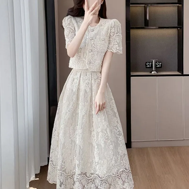 2026 Summer Women New He Xiaoben Fragrant French Fashion Temperament Young Dress Bead Embroidered Lace Dress Women Two-piece Set