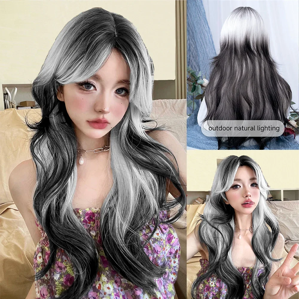 Wig sintetik Lolita Ombre hitam putih 28 inci Wig rambut bergelombang panjang bagian tengah untuk wanita Cosplay penggunaan sehari-hari Cosplay tahan panas