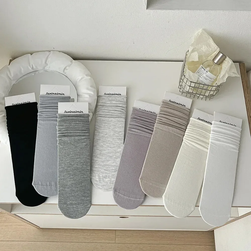 Summer Women Frilly Socks Casual Harajuku Streetwear Middle Tube Socks Women Cotton Soft Thin Black White Gray Socks Hosiery