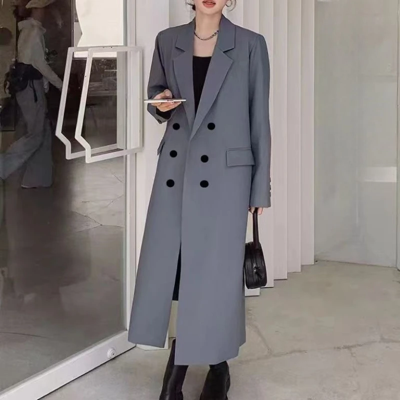 

Женский повседневный элитный однотонный длинный пиджак, двубортный корейский стиль, утягивающий универсальный базовый пиджак на весну, осень и зиму