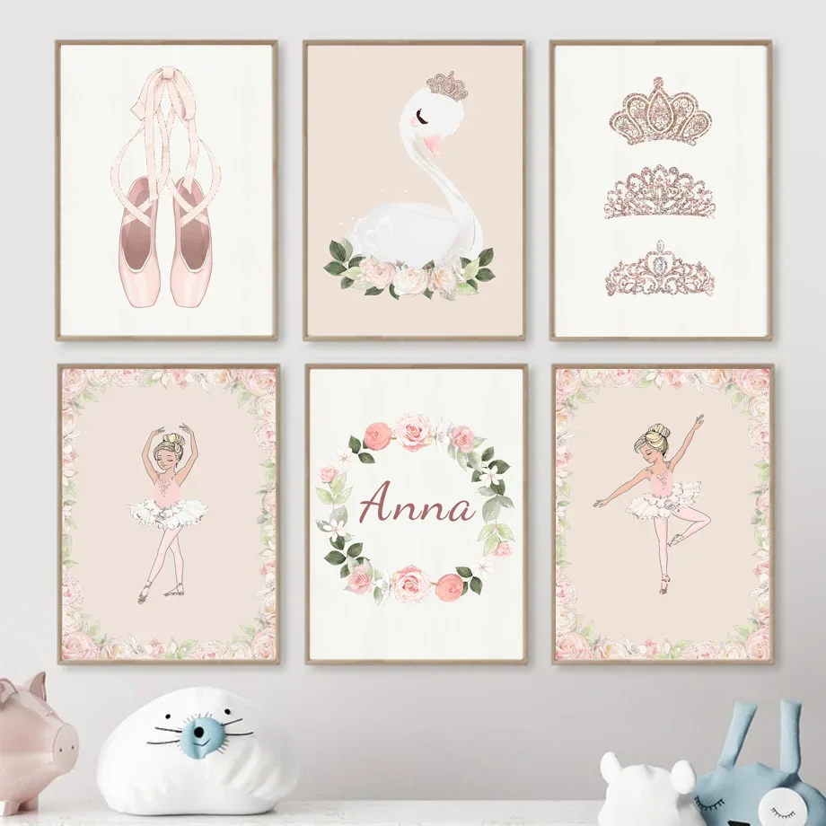 

Boho Cute Ballet Girl Custom Name Wall Art Canvas Painting Nordic Posters And Prints Wall Picture Baby Kids Room Home Decoration