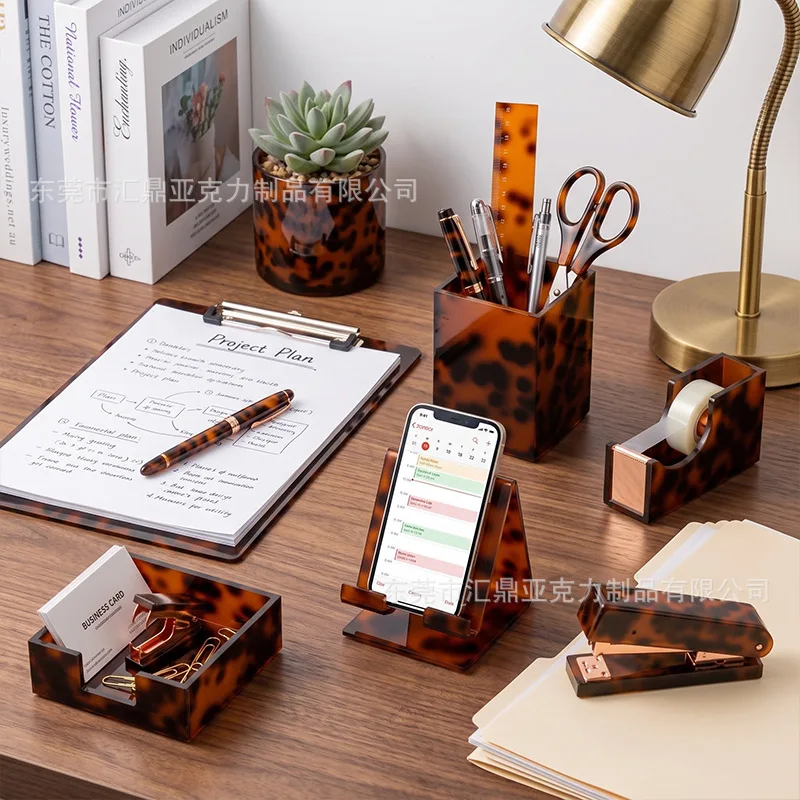 Custom Acrylic Desk Organizer Set with Pen Holder, Stapler and Tiered File Rack, Tortoiseshell Pattern Office Stationery