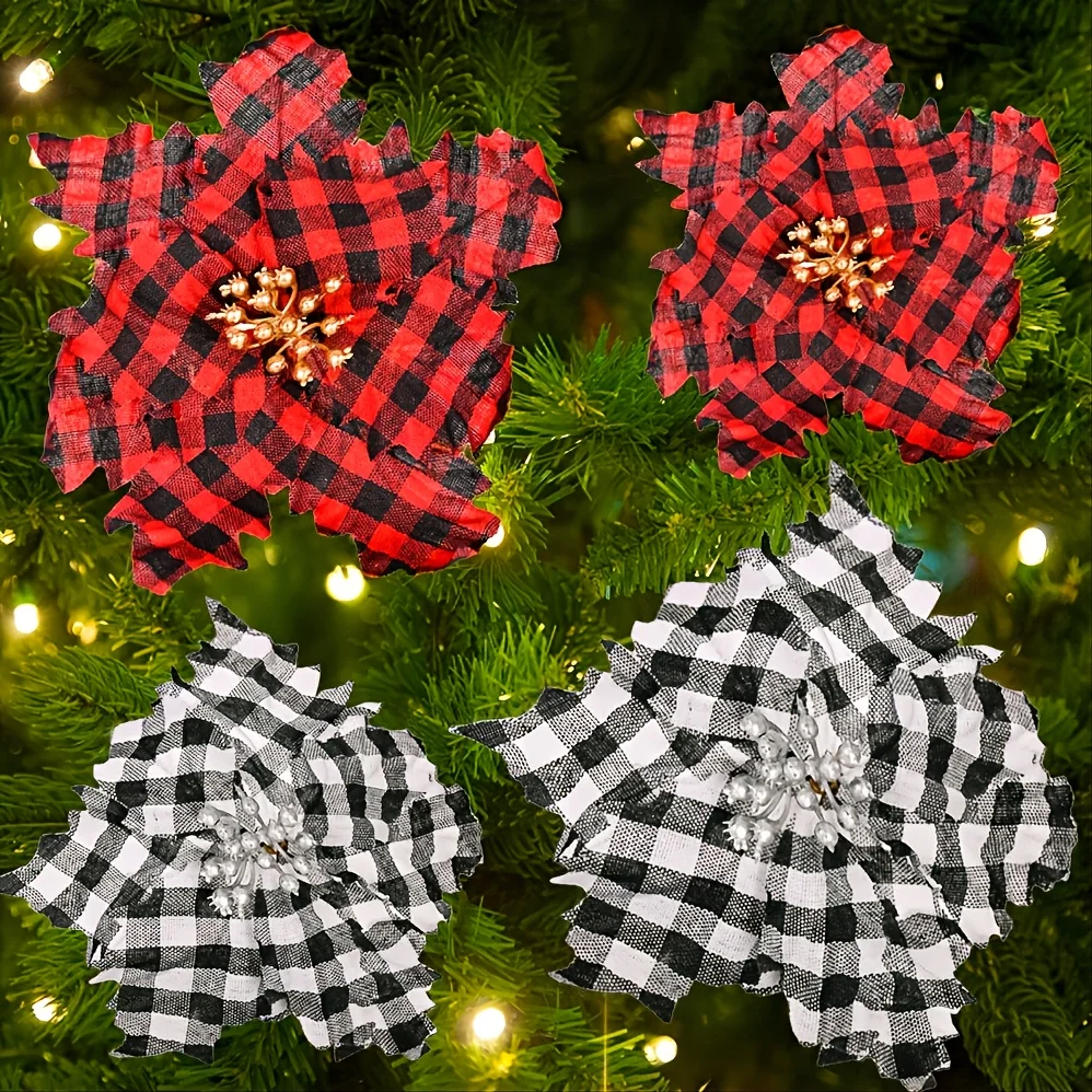 New Black Red Plaid Christmas Artificial Flower For Tree Decoration  Party Table Setting Decor Supplies