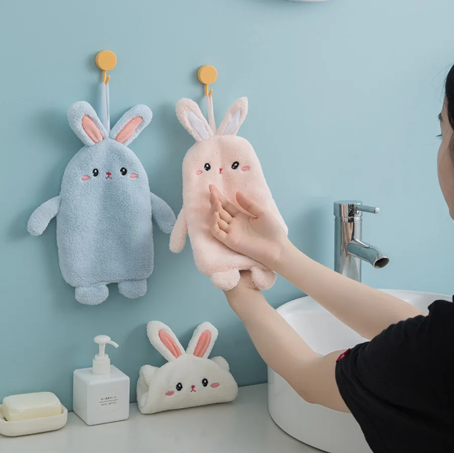 

New Absorbent Hanging Type Cute Rabbit Embroidered Towelette Home Decora Dual Purpose Coral Velvet Hand Towel Bathroom Supplies