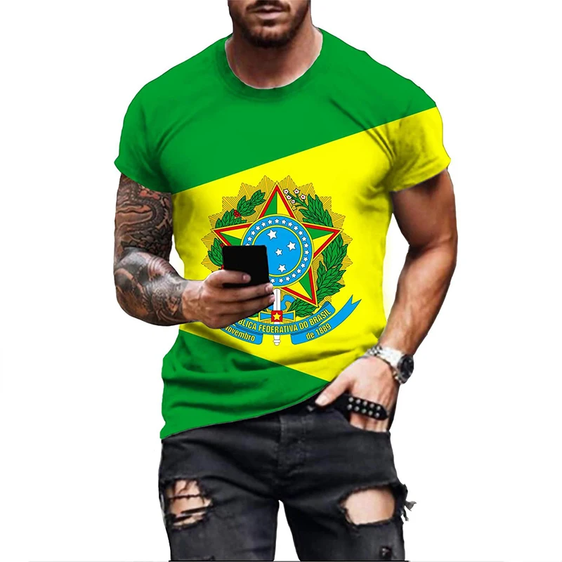 Men T-shirt Brazil Flag National Emblem 3D Print Woman O-Neck T Shirts Oversized Harajuku Streetwear Kids Tees Man Hip Hop Tops