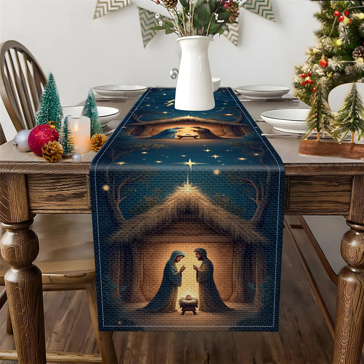 1 Piece Christmas-Themed Table Runner, Decorated with the Birth of the Baby Jesus under the Tree and Starry Patterns, Suitable for Christmas Religious Ceremonies and Holiday Decorations