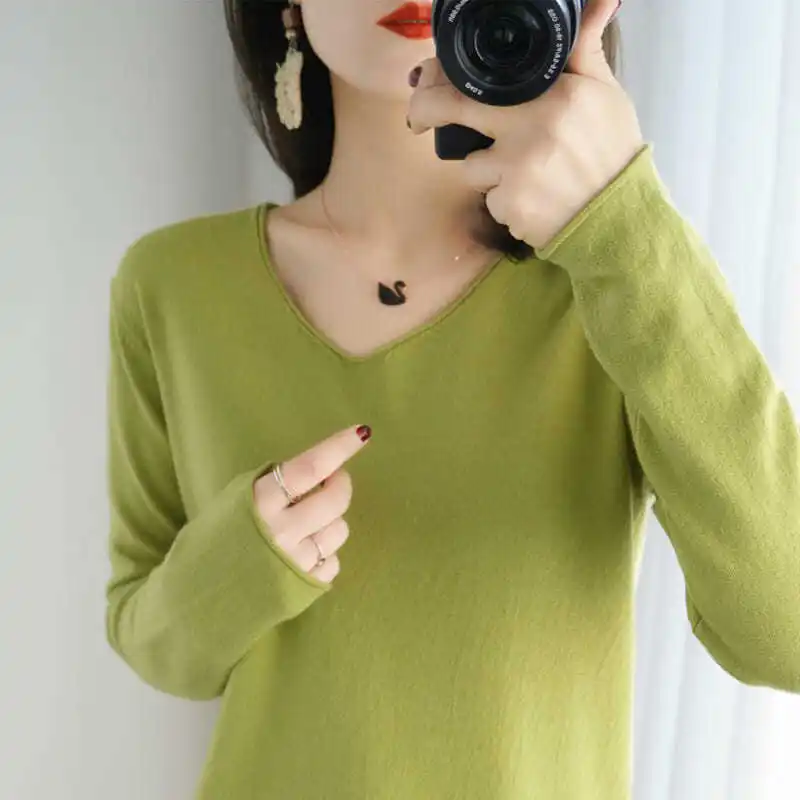 Fashion Solid Color V-Neck Knitted Blouses Autumn New Casual Pullovers 2022 Commute Woman Clothes All-match Shirt