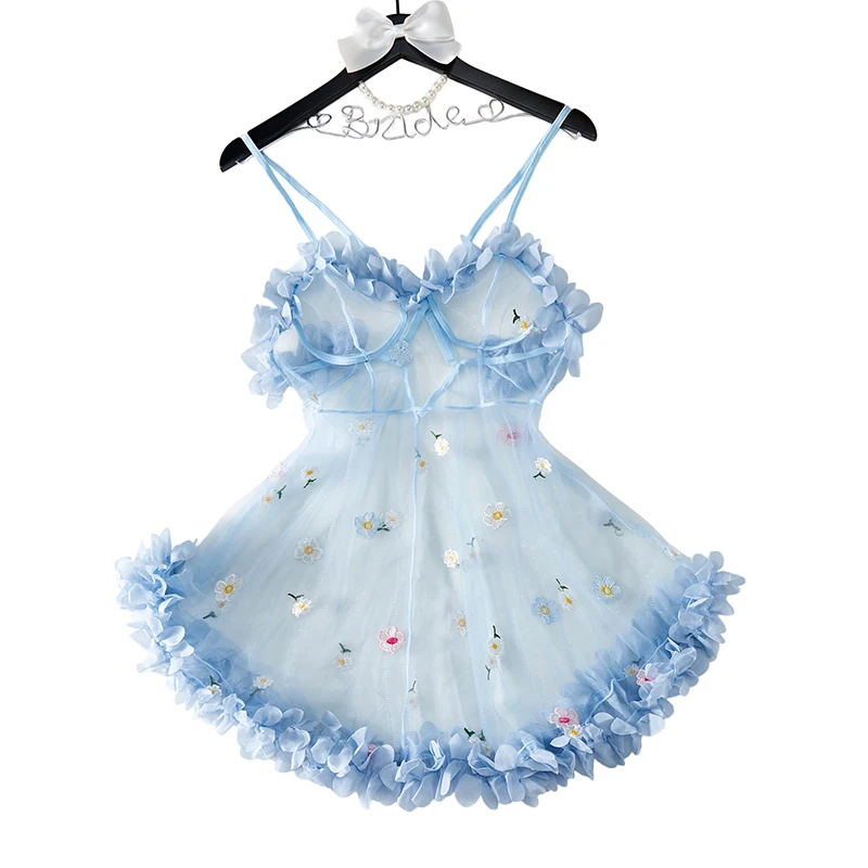 Women's Babydoll Nightgown Light Blue Tulle Sexy Nightwear Floral Embroidery Suspenders Night Dress Ruffles Boudoir Sleepwear