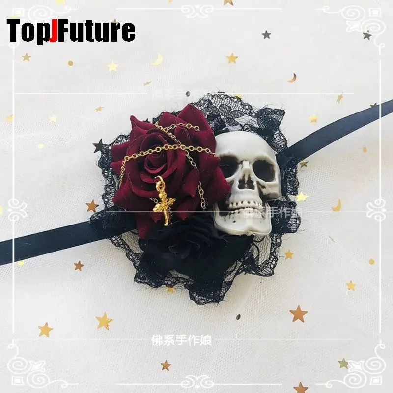 Harajuku Steampunk Y2K da donna per ragazze Gotico fatto a mano Scheletro Rosa pizzo dank lolita COS accessori Maschera per occhi singoli