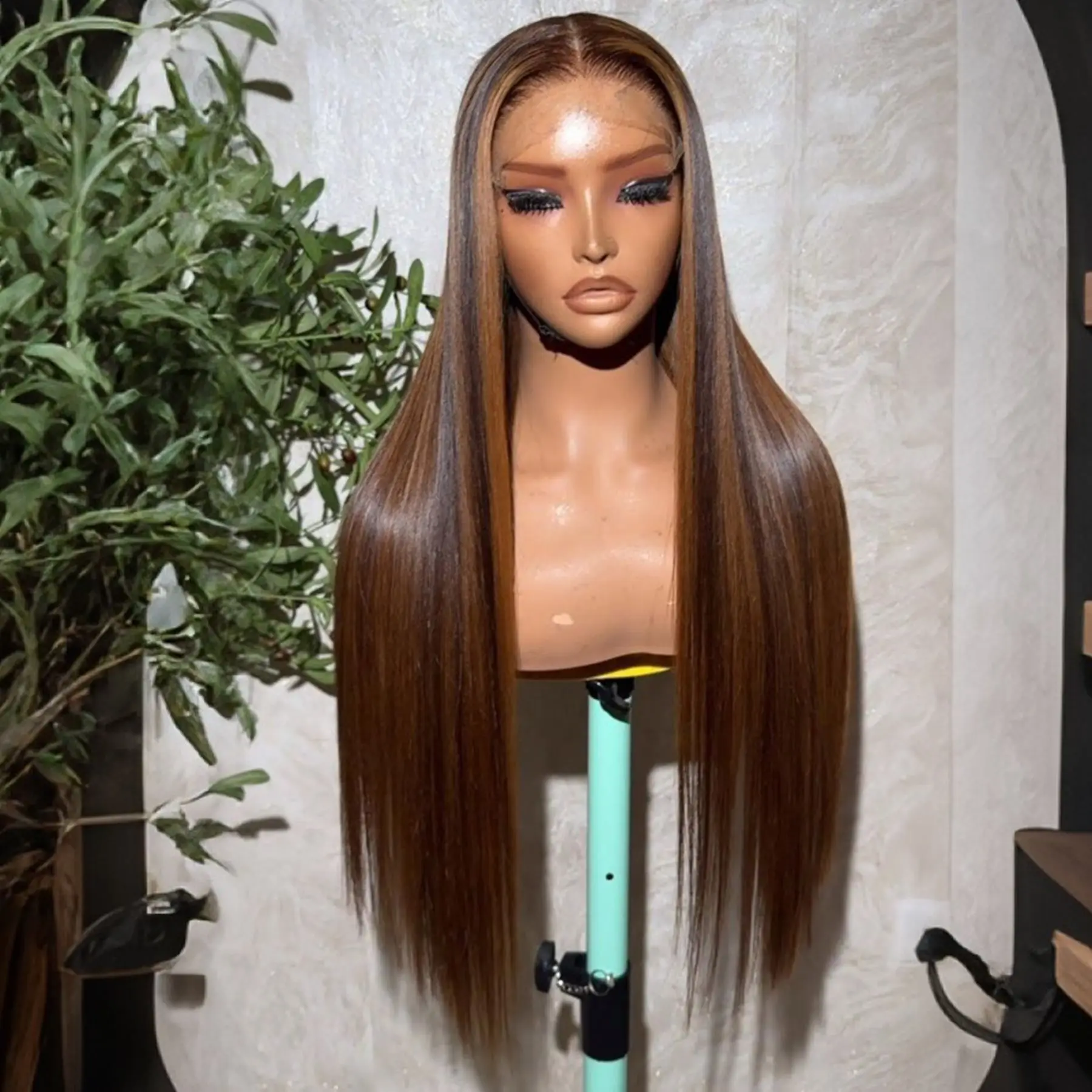 

Long Silky Straight Highlight Honey Blonde Ombre Color Synthetic 13X4 HD Lace Frontal Wig Prepucked With Baby Hair Glueless Wig