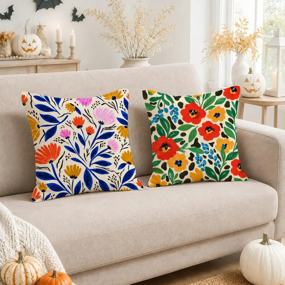 Dopamine Floral Cushion Cover Linen Double-Sided Printed Pillow Case for Sofa Couch Bedroom Living Room