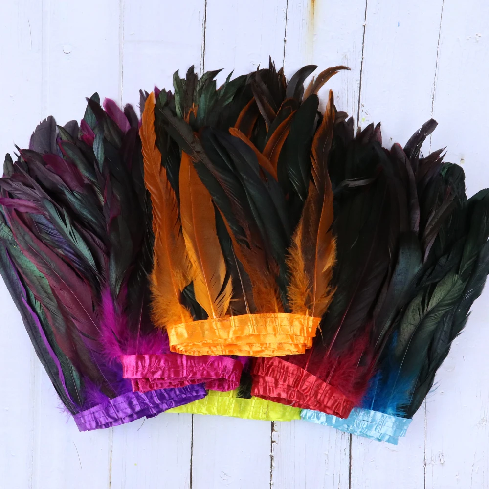 Colored decolored cocktail feather trim with fabric edges and accessories 25-30cm fabric ribbon 1 piece 10 meters