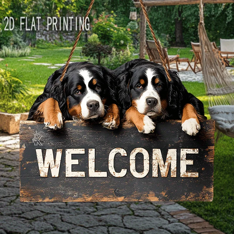 2D Flat,Vintage Farmhouse Welcome Sign - Cute Bernese Mountain Dogs Peeking Over, Living Room Decor - Pet Lover Gift