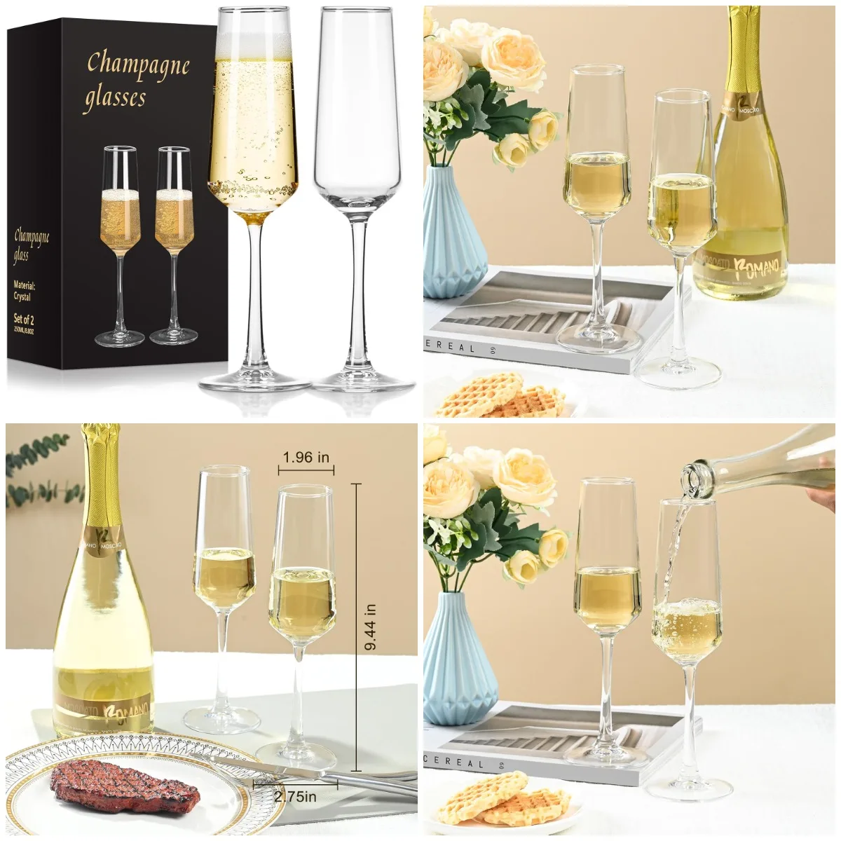 

Champagne Flutes Set of 2, 8.5OZ, Elegant High-Foot Glasses for Weddings, Birthdays, Anniversaries