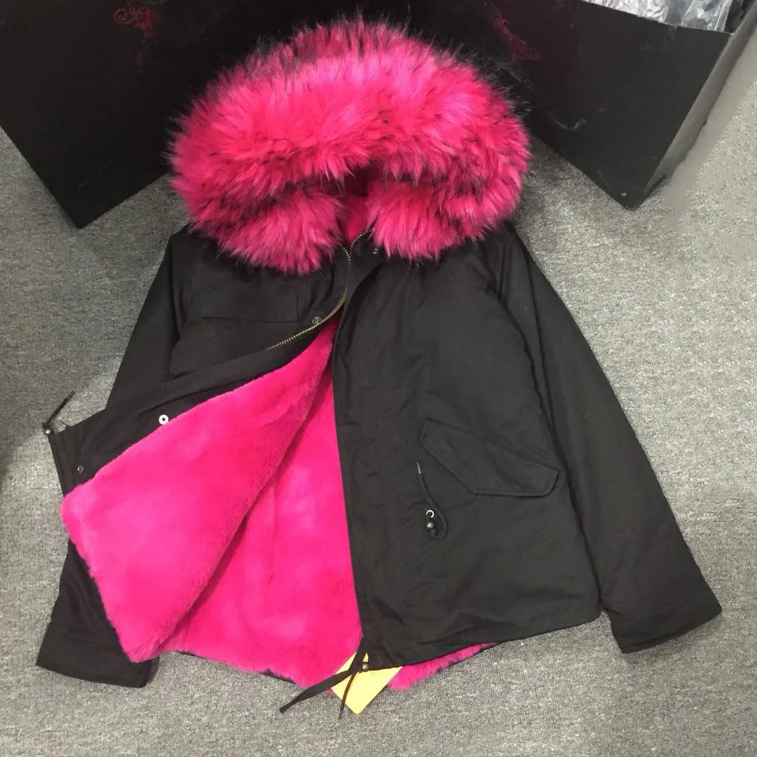 

Black Cotton Nice Parka With Rose Red Faux Fur Lining And Collar Winter Thick Warm Coat For Winter