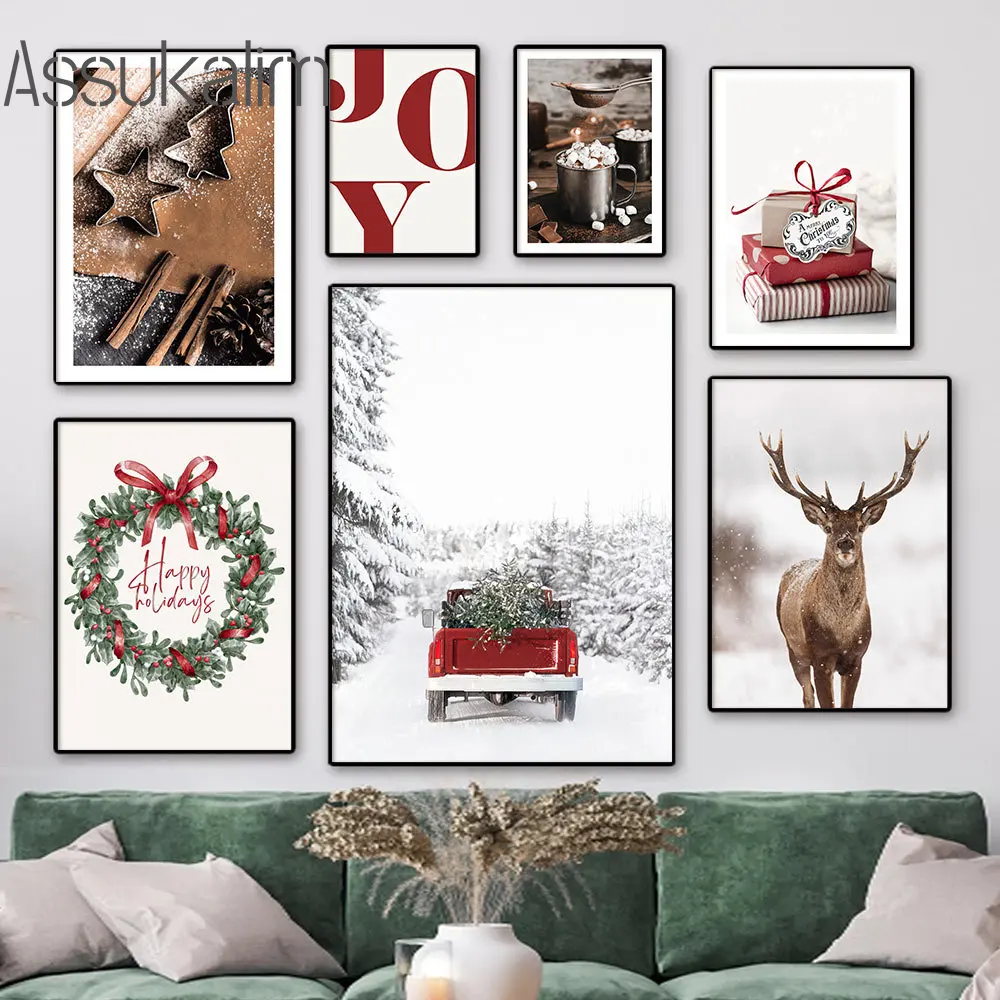 Merry Christmas Wall Poster Elk Gift Print Pictures Pinecone Canvas Painting Snow Art Prints Nordic Posters Living Room Decor