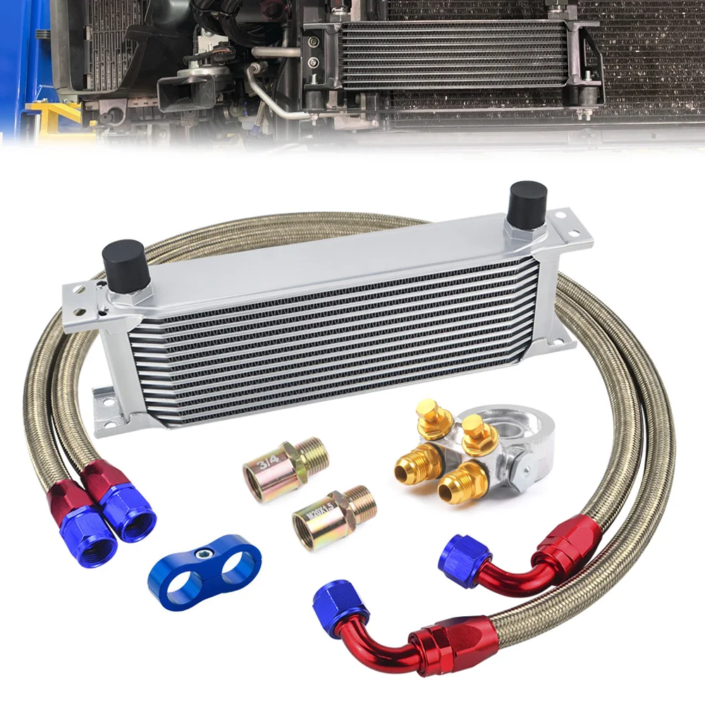 

13 Row AN10 Thermostat Adaptor Engine Racing Oil Cooler Kit + Oil Filter Sandwich Adapter+ Nylon Stainless Steel Braided Hose