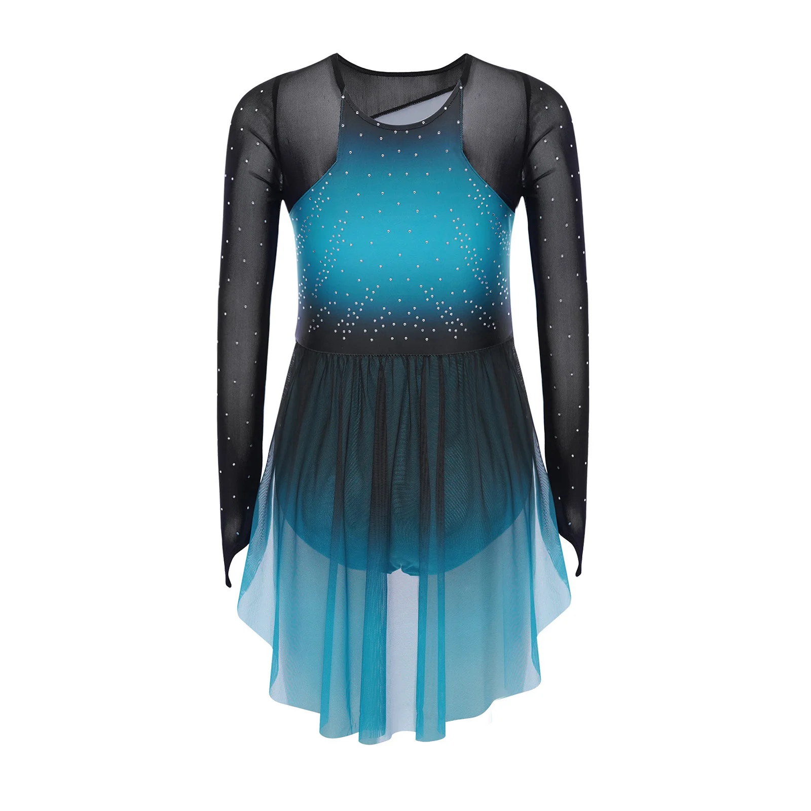 Mädchen Eiskunstlauf Trikot Kleid Lange Ärmel Sheer Mesh Patchwork Lyrical Dance Kleid Strass Farbverlauf Gymnastik Kostüm