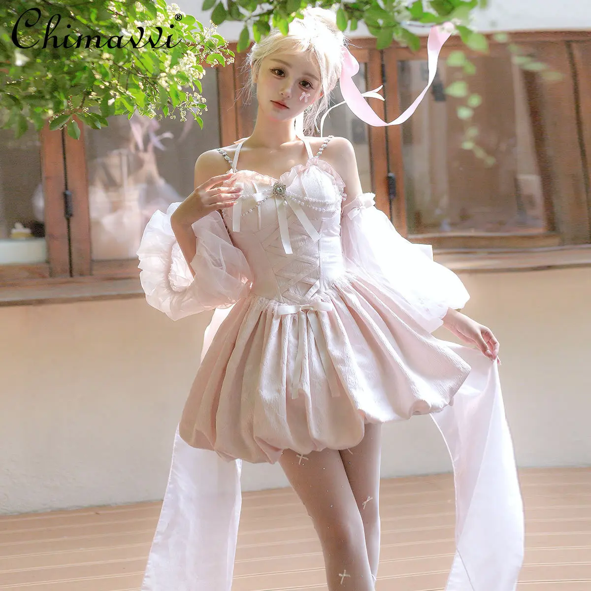 

Lolita Princess Pink Tail Sweet Flower Bud Dress New 2025 Cute Bow High Waist Birthday Party Elegant Women's Puffy Dress