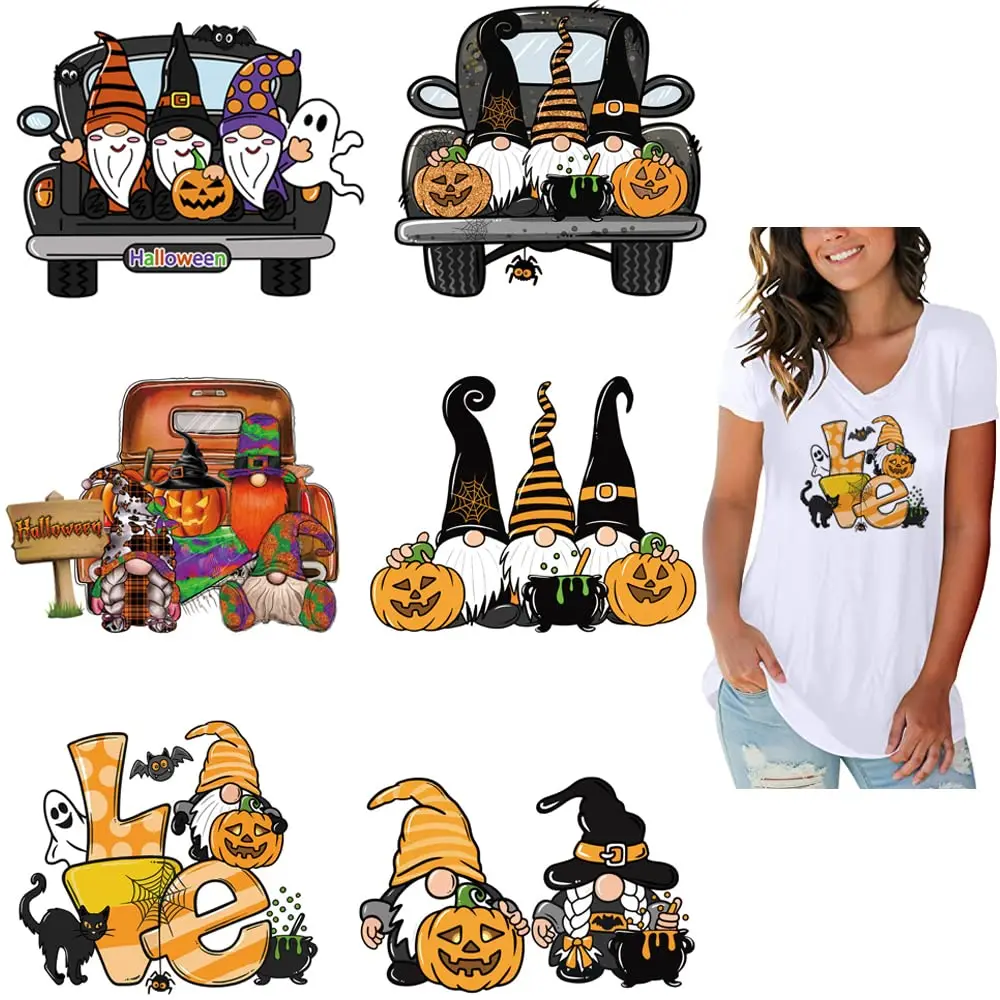 5Set Halloween Opstrijkpatronen Hoodies Zwart Geel Herfst Applicaties Elf Pompoen Ghost Patroon DIY Decals Warmteoverdracht Stickers