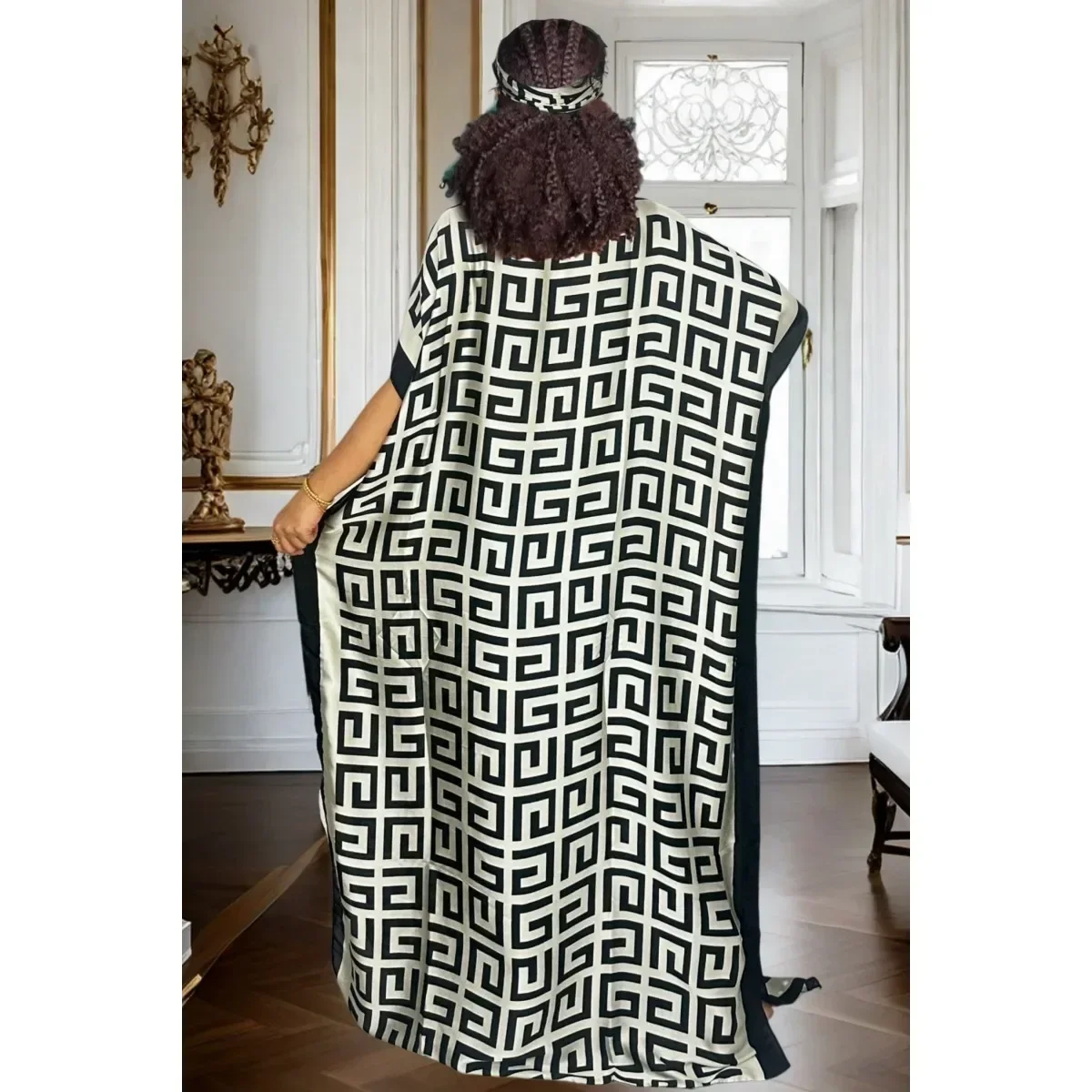 قميص أنيق بغطاء بنمط هندسي كبير الحجم مع وشاح متطابق لجميع المواسم #3