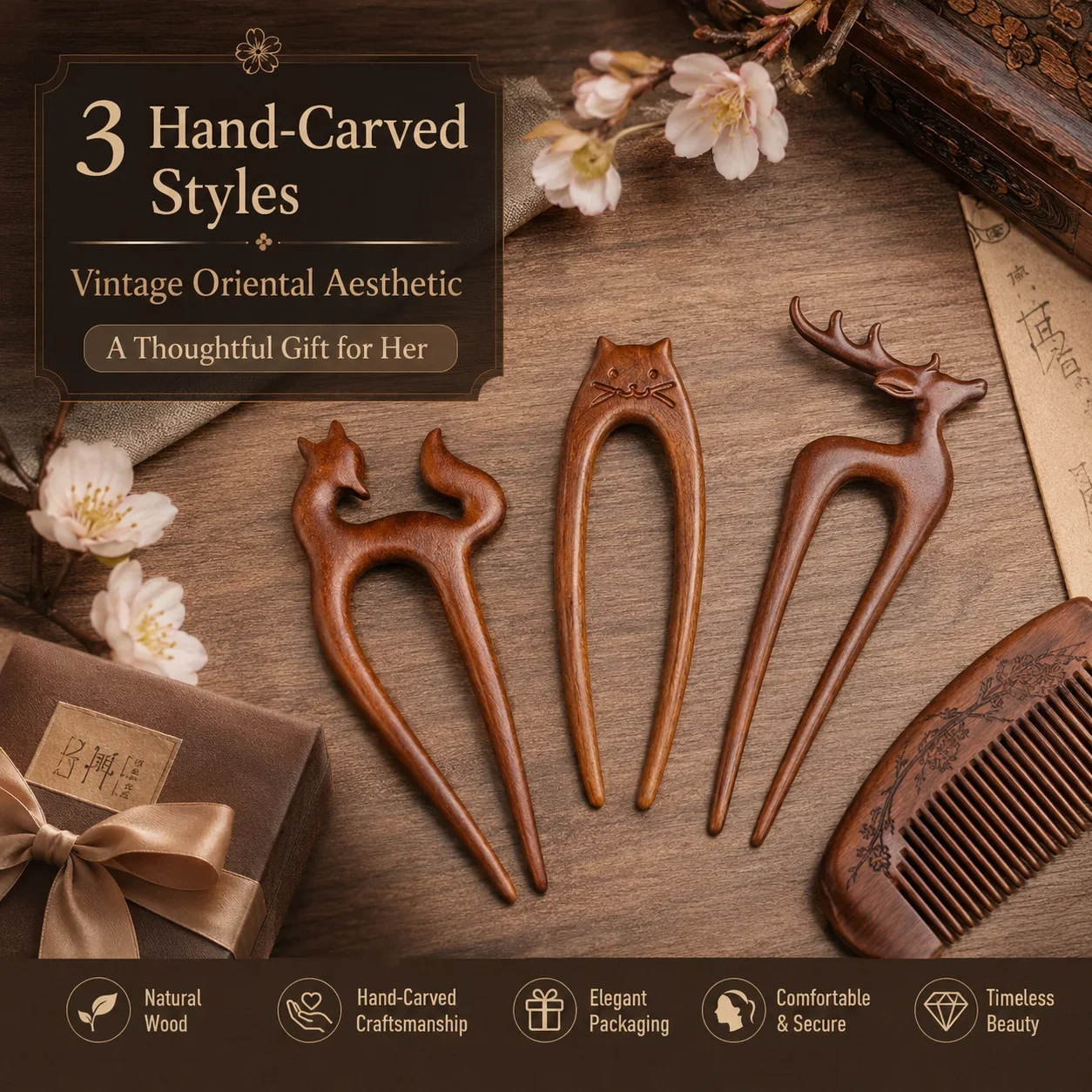 Women Retro Hair Updo Wooden Hair Stick Natural Golden Silk Sandalwood U Shaped Hair Pin Ornament