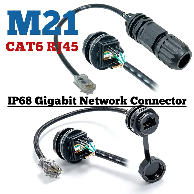 Welded M21 RJ45 Ethernet Connector Cable IP67 Waterproof RJ45 M21 Gigabit Network Connector CAT6 RJ45 Aviation Plug Panel Socket