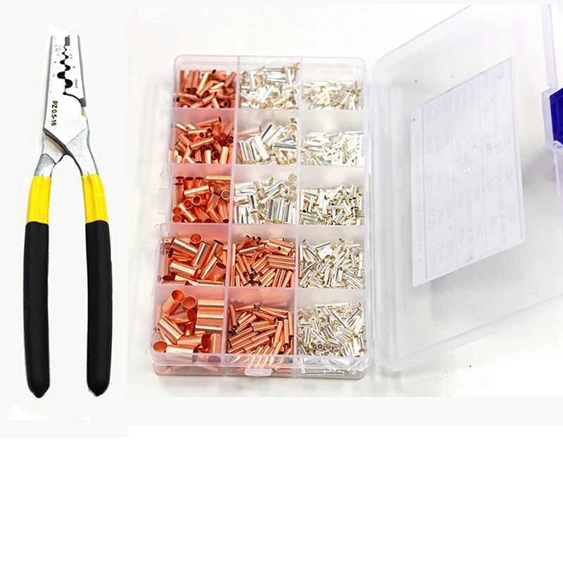 970PCS Copper Tube Terminal Cable Lug Bootlace Ferrule Copper Connecting Pipe Wire Joint Kit with Heat Shrink Tube Plier