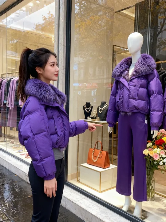 

Новое зимнее поступление, ультра-Thi, теплое фиолетовое хлопковое пальто с большим меховым воротником, стеганое женское пальто свободного покроя с внутренней стороны Long Sve